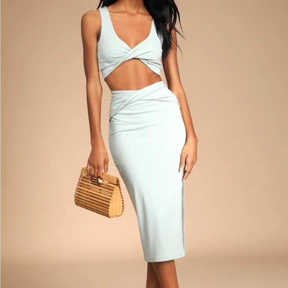 Lulus make my move mint blue ribbed tie front two piece midi dress, XL - Picture 6 of 14